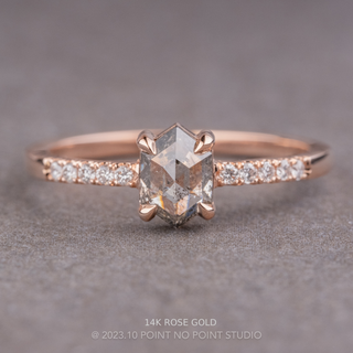 .79 Carat Salt and Pepper Hexagon Diamond Engagement Ring, Jules Setting, Point No Point Studio. Available in a variety of metal types. Eco-friendly, Recycled Metals, Conflict Free.