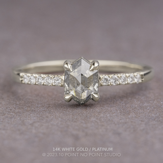 .79 Carat Salt and Pepper Hexagon Diamond Engagement Ring, Jules Setting, Point No Point Studio. Available in a variety of metal types. Eco-friendly, Recycled Metals, Conflict Free.