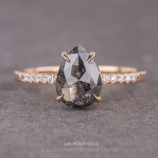 1.87 Carat Black Salt and Pepper Pear Diamond Engagement Ring, Jules Setting, Point No Point Studio. Available in a variety of metal types. Eco-friendly, Recycled Metals, Conflict Free.