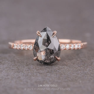1.87 Carat Black Salt and Pepper Pear Diamond Engagement Ring, Jules Setting, Point No Point Studio. Available in a variety of metal types. Eco-friendly, Recycled Metals, Conflict Free.