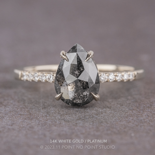 1.87 Carat Black Salt and Pepper Pear Diamond Engagement Ring, Jules Setting, Point No Point Studio. Available in a variety of metal types. Eco-friendly, Recycled Metals, Conflict Free.