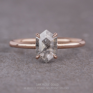 .93 Carat Salt and Pepper Hexagon Diamond Engagement Ring, Jane Setting, Point No Point Studio. Available in a variety of metal types. Eco-friendly, Recycled Metals, Conflict Free.