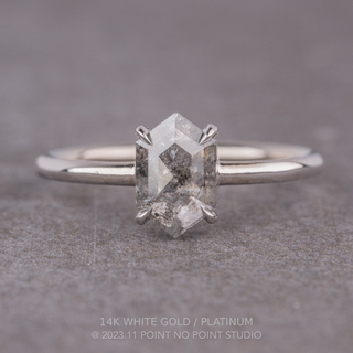 .93 Carat Salt and Pepper Hexagon Diamond Engagement Ring, Jane Setting, Point No Point Studio. Available in a variety of metal types. Eco-friendly, Recycled Metals, Conflict Free.