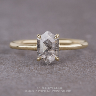 .93 Carat Salt and Pepper Hexagon Diamond Engagement Ring, Jane Setting, Point No Point Studio. Available in a variety of metal types. Eco-friendly, Recycled Metals, Conflict Free.
