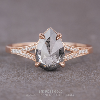 1.18 Carat Salt and Pepper Pear Diamond Engagement Ring, River Setting, Point No Point Studio. Available in a variety of metal types. Eco-friendly, Recycled Metals, Conflict Free.