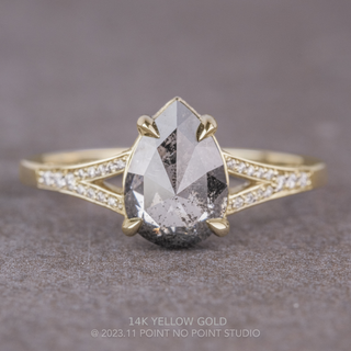 1.18 Carat Salt and Pepper Pear Diamond Engagement Ring, River Setting, Point No Point Studio. Available in a variety of metal types. Eco-friendly, Recycled Metals, Conflict Free.