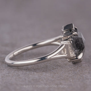 3.04 Carat Black Speckled Hexagon Diamond Engagement Ring, Split Shank Zoe Setting, Platinum