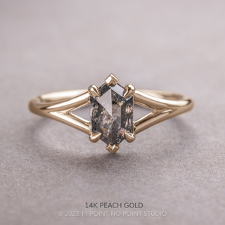 1.29 Carat Black Salt and Pepper Hexagon Diamond Engagement Ring, Charlize Setting, Point No Point Studio. Available in a variety of metal types. Eco-friendly, Recycled Metals, Conflict Free.