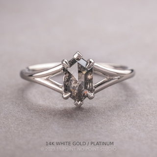 1.29 Carat Black Salt and Pepper Hexagon Diamond Engagement Ring, Charlize Setting, Point No Point Studio. Available in a variety of metal types. Eco-friendly, Recycled Metals, Conflict Free.