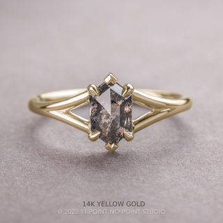 1.29 Carat Black Salt and Pepper Hexagon Diamond Engagement Ring, Charlize Setting, Point No Point Studio. Available in a variety of metal types. Eco-friendly, Recycled Metals, Conflict Free.