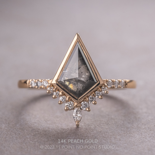 1.07 Carat Black Salt and Pepper Kite Diamond Engagement Ring, Bezel Avaline Setting, Point No Point Studio. Available in a variety of metal types. Eco-friendly, Recycled Metals, Conflict Free.