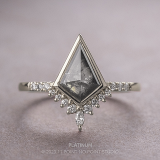 1.07 Carat Black Salt and Pepper Kite Diamond Engagement Ring, Bezel Avaline Setting, Point No Point Studio. Available in a variety of metal types. Eco-friendly, Recycled Metals, Conflict Free.