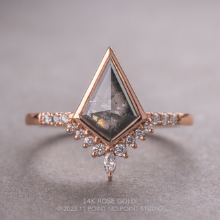 1.07 Carat Black Salt and Pepper Kite Diamond Engagement Ring, Bezel Avaline Setting, Point No Point Studio. Available in a variety of metal types. Eco-friendly, Recycled Metals, Conflict Free.