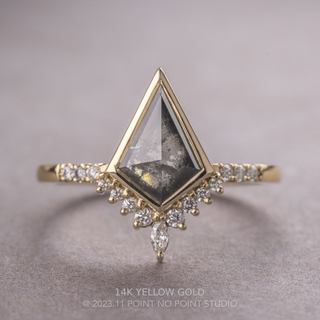 1.07 Carat Black Salt and Pepper Kite Diamond Engagement Ring, Bezel Avaline Setting, Point No Point Studio. Available in a variety of metal types. Eco-friendly, Recycled Metals, Conflict Free.