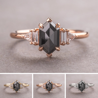 1.30 Carat Black Hexagon Diamond Engagement Ring, Beatrice Setting, Point No Point Studio. Available in a variety of metal types. Eco-friendly, Recycled Metals, Conflict Free.