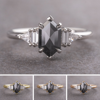 1.57 Carat Black Hexagon Diamond Engagement Ring, Beatrice Setting, Point No Point Studio. Available in a variety of metal types. Eco-friendly, Recycled Metals, Conflict Free.