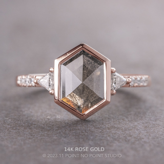 1.51 Carat Black Salt and Pepper Hexagon Diamond Engagement Ring, Bezel Eliza Setting, Point No Point Studio. Available in a variety of metal types. Eco-friendly, Recycled Metals, Conflict Free.