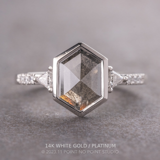 1.51 Carat Black Salt and Pepper Hexagon Diamond Engagement Ring, Bezel Eliza Setting, Point No Point Studio. Available in a variety of metal types. Eco-friendly, Recycled Metals, Conflict Free.