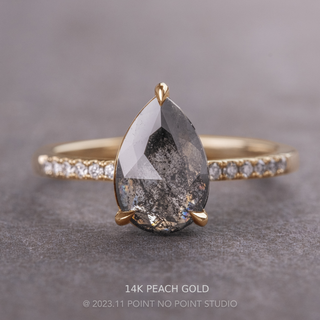 2.07 Carat Black Salt and Pepper Pear Diamond Engagement Ring, Juliette Setting, Point No Point Studio. Available in a variety of metal types. Eco-friendly, Recycled Metals, Conflict Free.