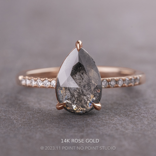 2.07 Carat Black Salt and Pepper Pear Diamond Engagement Ring, Juliette Setting, Point No Point Studio. Available in a variety of metal types. Eco-friendly, Recycled Metals, Conflict Free.