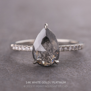 2.07 Carat Black Salt and Pepper Pear Diamond Engagement Ring, Juliette Setting, Point No Point Studio. Available in a variety of metal types. Eco-friendly, Recycled Metals, Conflict Free.