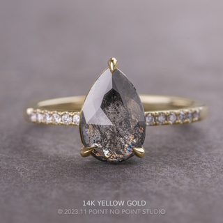 2.07 Carat Black Salt and Pepper Pear Diamond Engagement Ring, Juliette Setting, Point No Point Studio. Available in a variety of metal types. Eco-friendly, Recycled Metals, Conflict Free.