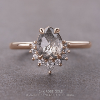 1.95 Carat Salt and Pepper Pear Diamond Engagement Ring, Ava Setting, Point No Point Studio. Available in a variety of metal types. Eco-friendly, Recycled Metals, Conflict Free.
