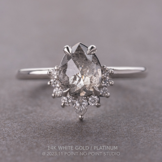 1.95 Carat Salt and Pepper Pear Diamond Engagement Ring, Ava Setting, Point No Point Studio. Available in a variety of metal types. Eco-friendly, Recycled Metals, Conflict Free.