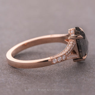 2.02 Carat Black Speckled Hexagon Diamond Engagement Ring, River Setting, 14k Rose Gold