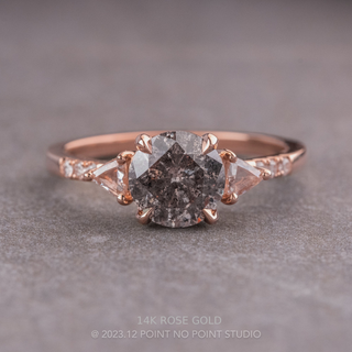 1.77 Carat Salt and Pepper Round Diamond Engagement Ring, Eliza Setting, Point No Point Studio. Available in a variety of metal types. Eco-friendly, Recycled Metals, Conflict Free.
