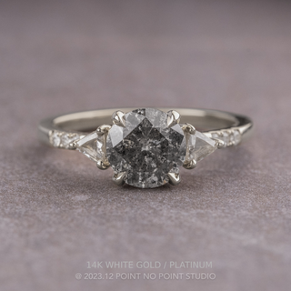1.77 Carat Salt and Pepper Round Diamond Engagement Ring, Eliza Setting, Point No Point Studio. Available in a variety of metal types. Eco-friendly, Recycled Metals, Conflict Free.