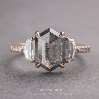 4.38 Carat Black Salt and Pepper Hexagon Diamond Engagement Ring, Eliza Setting, Point No Point Studio. Available in a variety of metal types. Eco-friendly, Recycled Metals, Conflict Free.