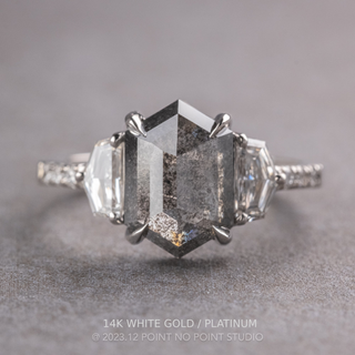 4.38 Carat Black Salt and Pepper Hexagon Diamond Engagement Ring, Eliza Setting, Point No Point Studio. Available in a variety of metal types. Eco-friendly, Recycled Metals, Conflict Free.