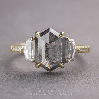 4.38 Carat Black Salt and Pepper Hexagon Diamond Engagement Ring, Eliza Setting, Point No Point Studio. Available in a variety of metal types. Eco-friendly, Recycled Metals, Conflict Free.
