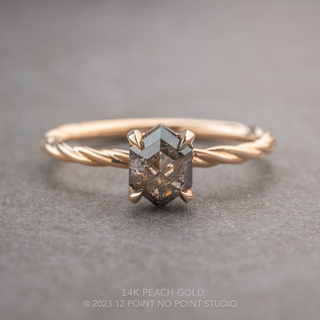 .93 Carat Salt and Pepper Hexagon Diamond Engagement Ring, Tulip Basket Setting, Point No Point Studio. Available in a variety of metal types. Eco-friendly, Recycled Metals, Conflict Free.