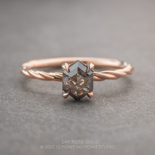 .93 Carat Salt and Pepper Hexagon Diamond Engagement Ring, Tulip Basket Setting, Point No Point Studio. Available in a variety of metal types. Eco-friendly, Recycled Metals, Conflict Free.