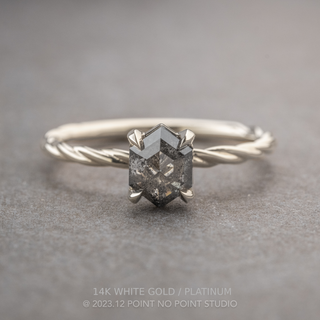 .93 Carat Salt and Pepper Hexagon Diamond Engagement Ring, Tulip Basket Setting, Point No Point Studio. Available in a variety of metal types. Eco-friendly, Recycled Metals, Conflict Free.