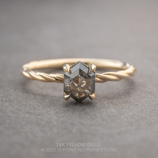 .93 Carat Salt and Pepper Hexagon Diamond Engagement Ring, Tulip Basket Setting, Point No Point Studio. Available in a variety of metal types. Eco-friendly, Recycled Metals, Conflict Free.