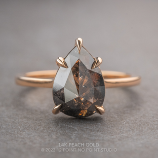 2.57 Carat Black Salt and Pepper Pear Diamond Engagement Ring, Lenora Setting, Point No Point Studio. Available in a variety of metal types. Eco-friendly, Recycled Metals, Conflict Free.