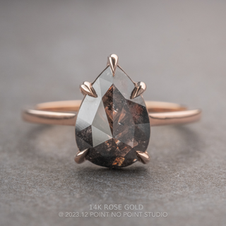 2.57 Carat Black Salt and Pepper Pear Diamond Engagement Ring, Lenora Setting, Point No Point Studio. Available in a variety of metal types. Eco-friendly, Recycled Metals, Conflict Free.