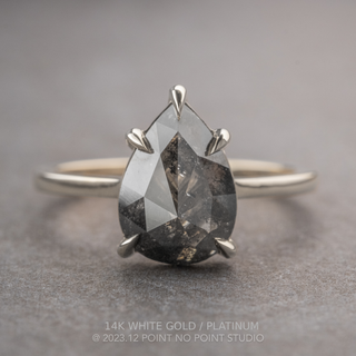 2.57 Carat Black Salt and Pepper Pear Diamond Engagement Ring, Lenora Setting, Point No Point Studio. Available in a variety of metal types. Eco-friendly, Recycled Metals, Conflict Free.