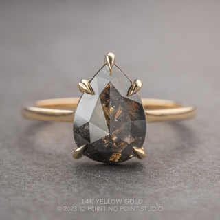 2.57 Carat Black Salt and Pepper Pear Diamond Engagement Ring, Lenora Setting, Point No Point Studio. Available in a variety of metal types. Eco-friendly, Recycled Metals, Conflict Free.
