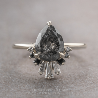 2.61 Carat Black Salt and Pepper Pear Diamond Engagement Ring, Ombre Wren Setting, Point No Point Studio. Available in a variety of metal types. Eco-friendly, Recycled Metals, Conflict Free.