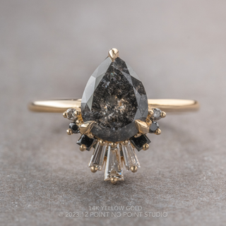 2.61 Carat Black Salt and Pepper Pear Diamond Engagement Ring, Ombre Wren Setting, Point No Point Studio. Available in a variety of metal types. Eco-friendly, Recycled Metals, Conflict Free.