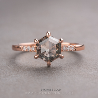 1.14 Carat Salt and Pepper Hexagon Diamond Engagement Ring, Jules Setting, Point No Point Studio. Available in a variety of metal types. Eco-friendly, Recycled Metals, Conflict Free.