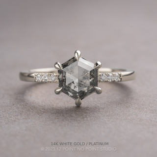 1.14 Carat Salt and Pepper Hexagon Diamond Engagement Ring, Jules Setting, Point No Point Studio. Available in a variety of metal types. Eco-friendly, Recycled Metals, Conflict Free.