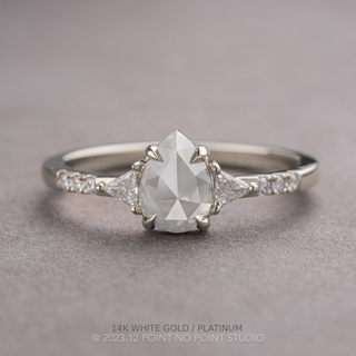 .84 Carat Icy White Pear Diamond Engagement Ring, Eliza Setting, Point No Point Studio. Available in a variety of metal types. Eco-friendly, Recycled Metals, Conflict Free.