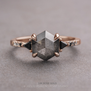 1.68 Carat Salt and Pepper Hexagon Diamond Engagement Ring, Ombre Eliza Setting, Point No Point Studio. Available in a variety of metal types. Eco-friendly, Recycled Metals, Conflict Free.
