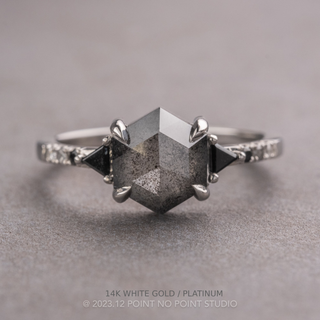 1.68 Carat Salt and Pepper Hexagon Diamond Engagement Ring, Ombre Eliza Setting, Point No Point Studio. Available in a variety of metal types. Eco-friendly, Recycled Metals, Conflict Free.