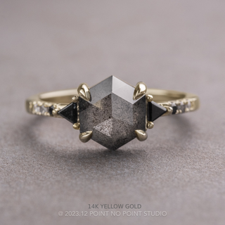 1.68 Carat Salt and Pepper Hexagon Diamond Engagement Ring, Ombre Eliza Setting, Point No Point Studio. Available in a variety of metal types. Eco-friendly, Recycled Metals, Conflict Free.